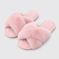 Pink faux fur cross-band open-toe slippers pair on a neutral background