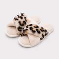 Ivory plush leopard crossband house slippers product view