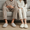 Fine-stripe closed-toe slippers styled at home