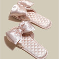 Satin Bow Open-Toe Indoor Slippers for Women with Quilted Footbed and Elegant Bridal Comfort
