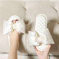 Satin Bow Open-Toe Indoor Slippers for Women with Quilted Footbed and Elegant Bridal Comfort