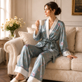 Silky Drape Kimono-Collar Pajama Set – Magnolia Blue Floral