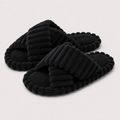 Black ribbed plush crossband house slippers product view