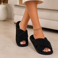 Ribbed Plush Crossband Slippers – Soft Open-Toe House Comfort
