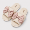 Plush Satin Bow Slippers – Soft Feminine Open-Toe Comfort