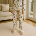 Short sleeve button front pajama top with notched collar and ink print