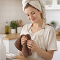 Woman holding a brown waffle-weave towel in a bright home setting