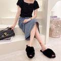 Plush Faux Fur Crisscross Open-Toe Indoor House Slippers with Non-Slip Sole for Women
