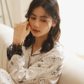 Ink Floral Button-Front Pajama Set – Long Sleeve Top & Relaxed Lace-Trim Pants