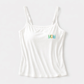 White modal camisole with built-in bra and left-chest floral MOM graphic flat lay