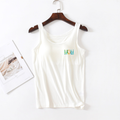 White modal built-in bra tank with left-chest floral MOM graphic hanging flat lay