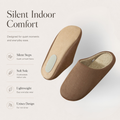 Brown unisex faux suede house slippers with indoor comfort feature graphic