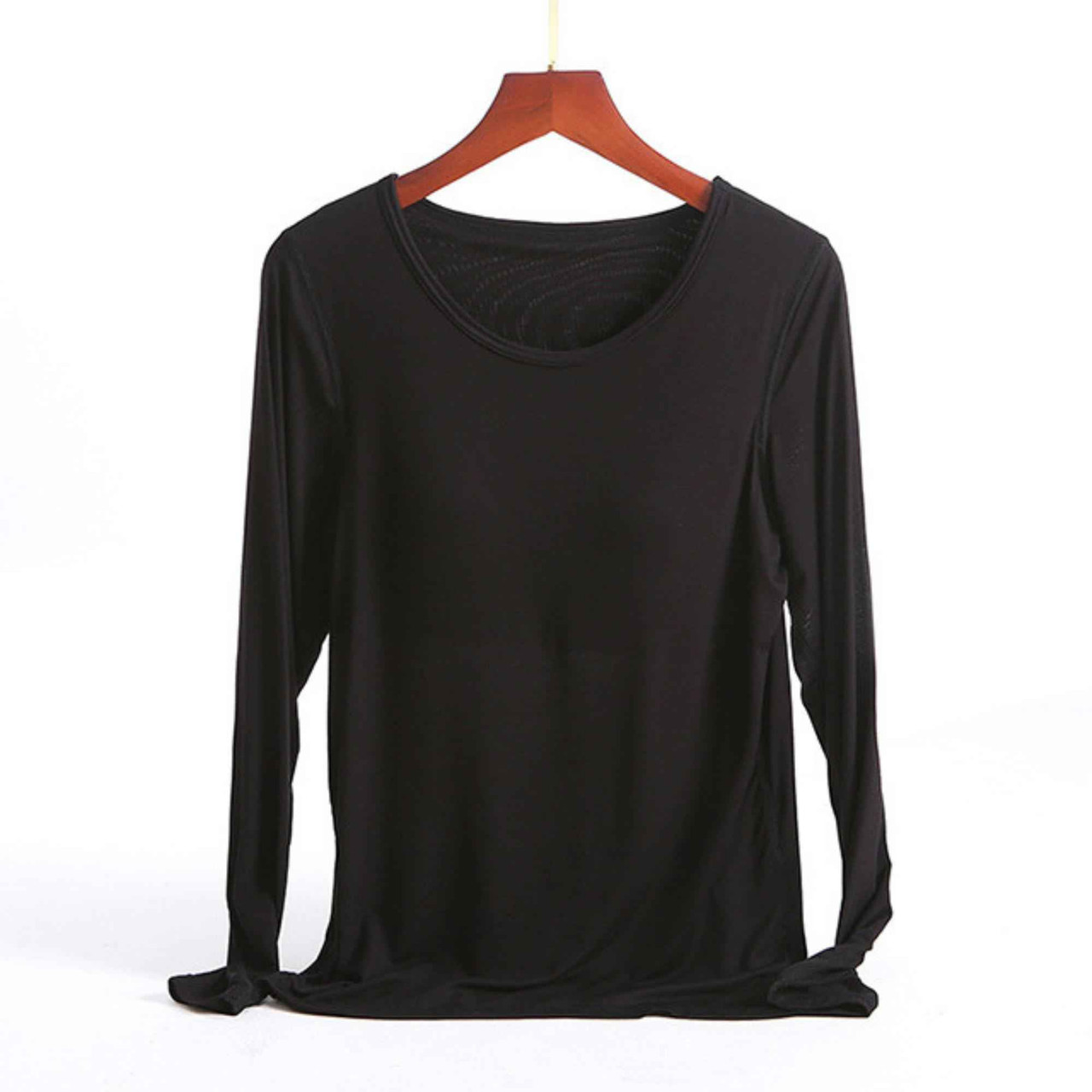 Women No Bra T-shirts Shelf Bra Fall Scoop Neck Long Sleeve T-shirt