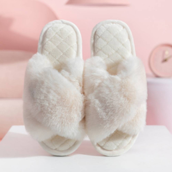 Ivory faux fur cross-band open-toe slippers product view