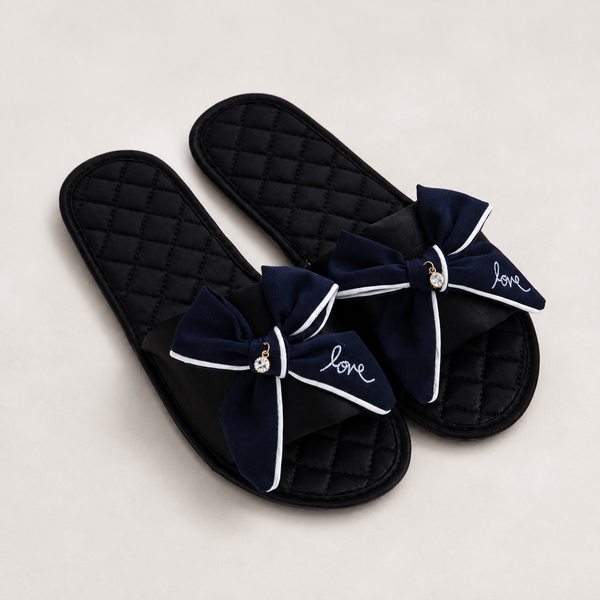 Satin Bow Open-Toe Slippers – Quilted Everyday Comfort