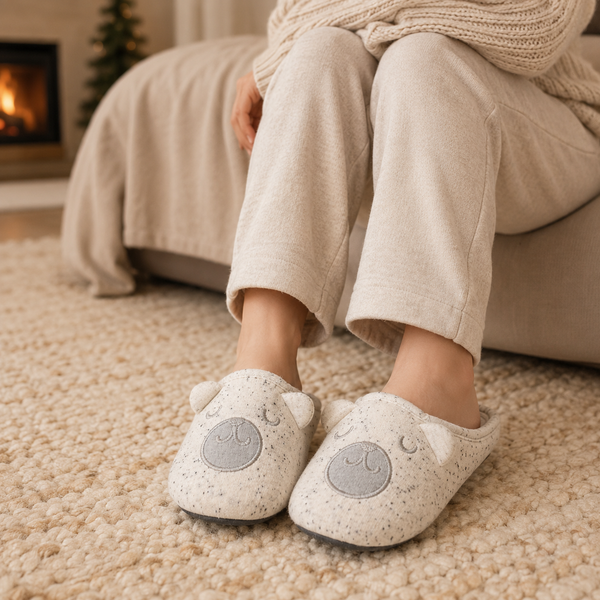 Sleepy bear closed-toe slippers worn near a fireplace