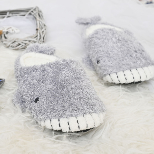 Gray plush whale closed-toe house slippers product view