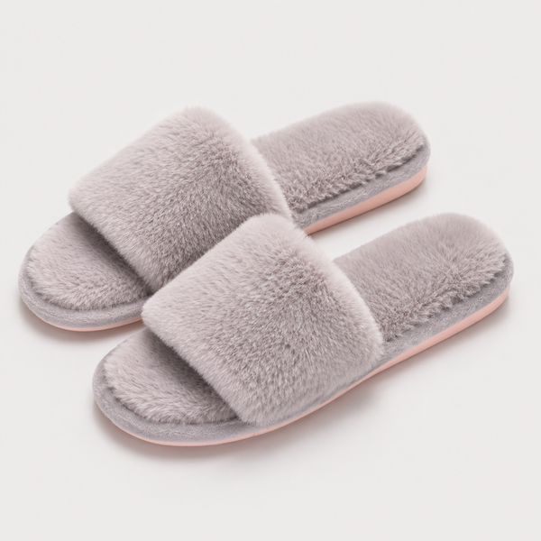 Gray plush open-toe slide slippers product view