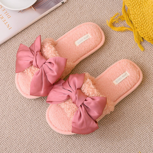Blush Pink plush bow slippers product view