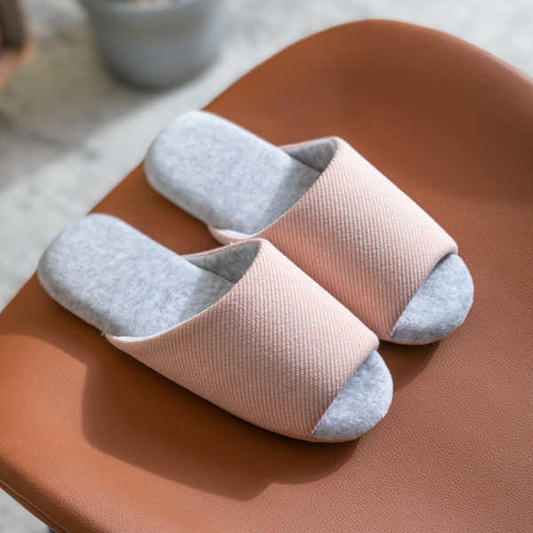Pink textured wide-band open-toe house slippers product view