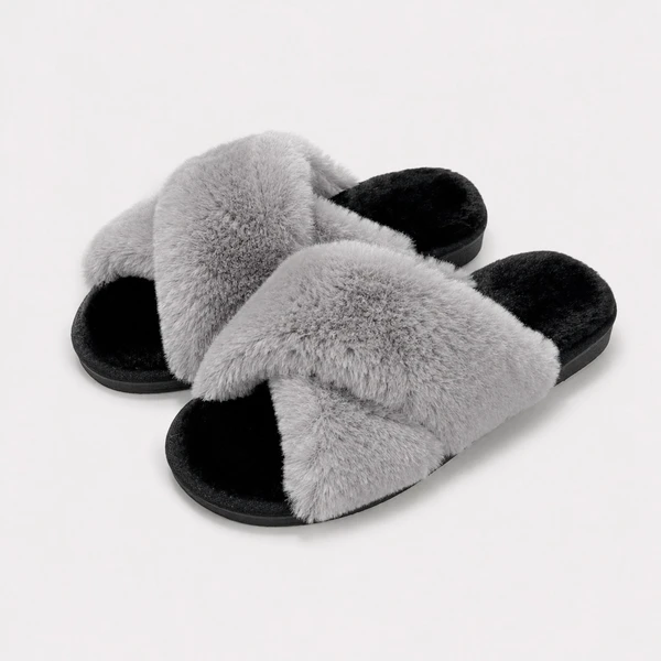 Two-Tone Plush Crossband Slippers – Soft Indoor Slides for Women