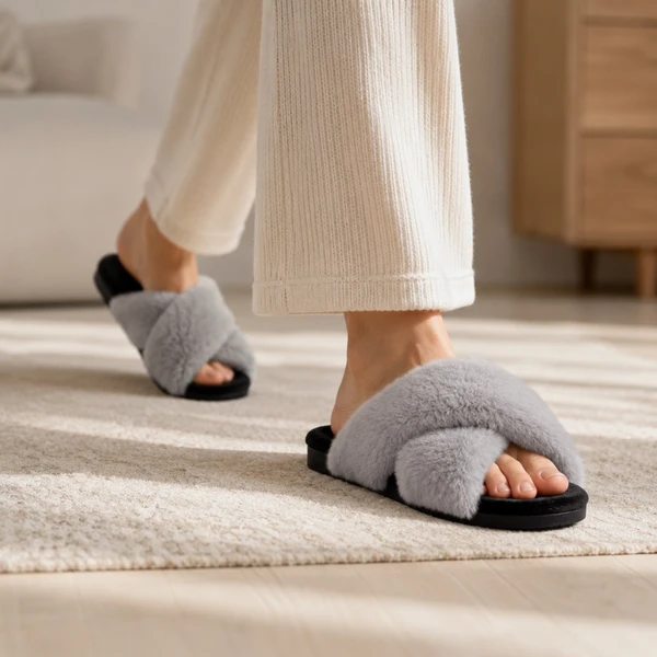 Two-Tone Plush Crossband Slippers – Soft Indoor Slides for Women