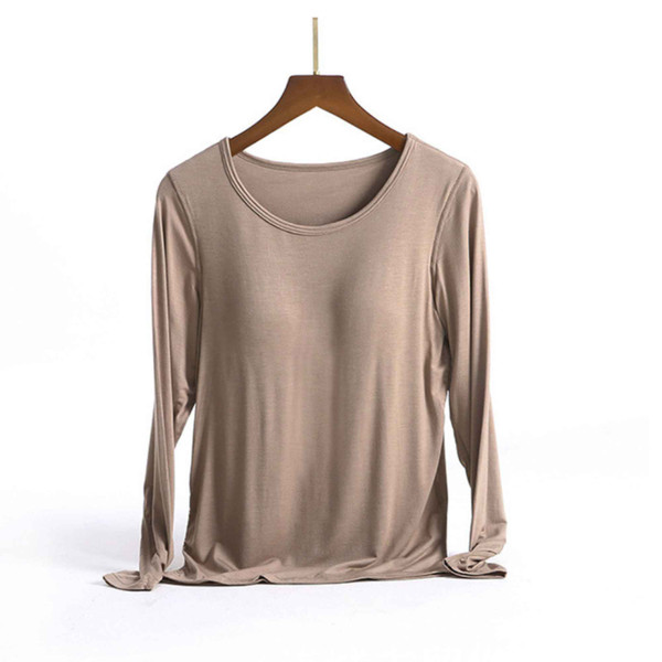 Women No Bra T-shirts| Shelf Bra Fall Scoop Neck Long Sleeve T-shirt