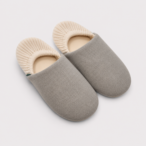 Gray gathered knit-trim closed-toe house slippers hero view