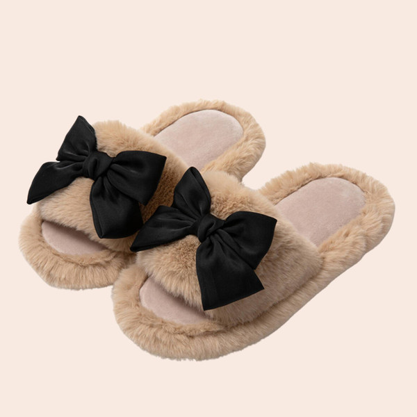Pink and brown plush bow house slippers - color view