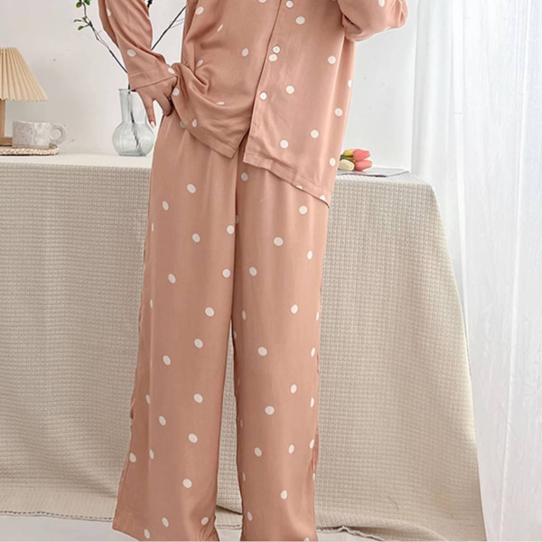 Taupe polka dot viscose lounge pants styled with a blush top and tote