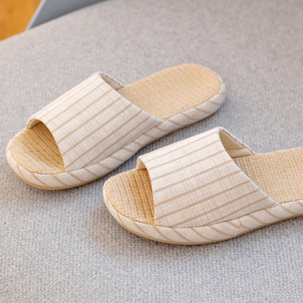 Natural Linen Open-Toe Indoor House Slippers with Woven Footbed and Breathable Comfort