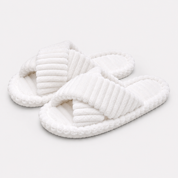 White ribbed plush crossband house slippers product view