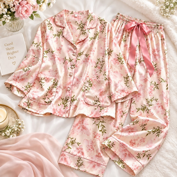 Pink orchid-print satin pajama set styled with flowers on soft bedding