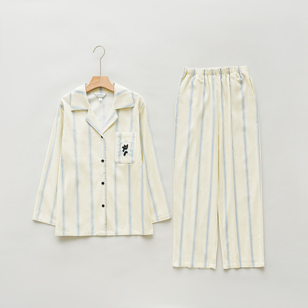 Front flat lay of striped cotton pajama top and full-length pants