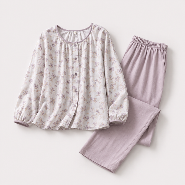 Light Purple garden floral cotton lounge set flat lay