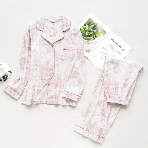 Blush Toile long sleeve viscose pajama set flat lay