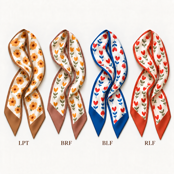 Reversible satin twilly scarves in orange, brown, blue and red floral prints