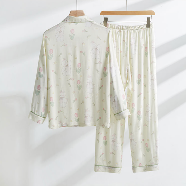 Bamboo Cotton Relaxed Pajama Set – Bunny & Tulip Print Sleepwear