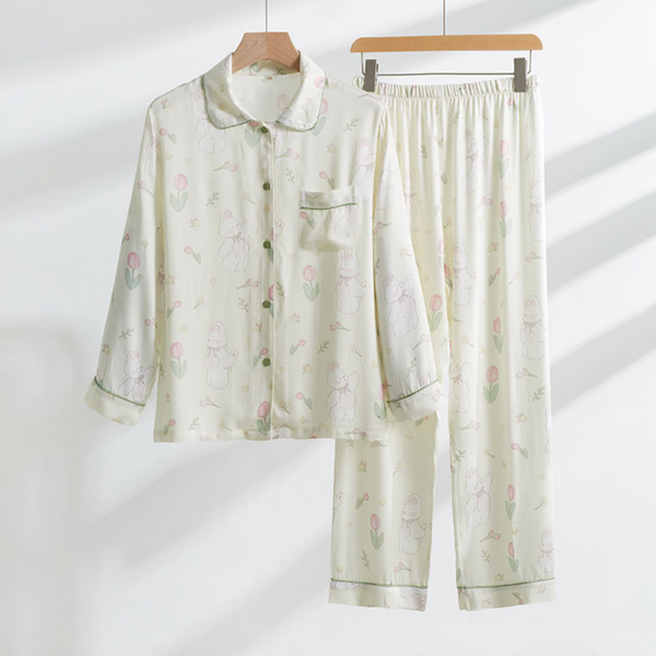 Front flat lay of woodland garden bamboo cotton pajama set