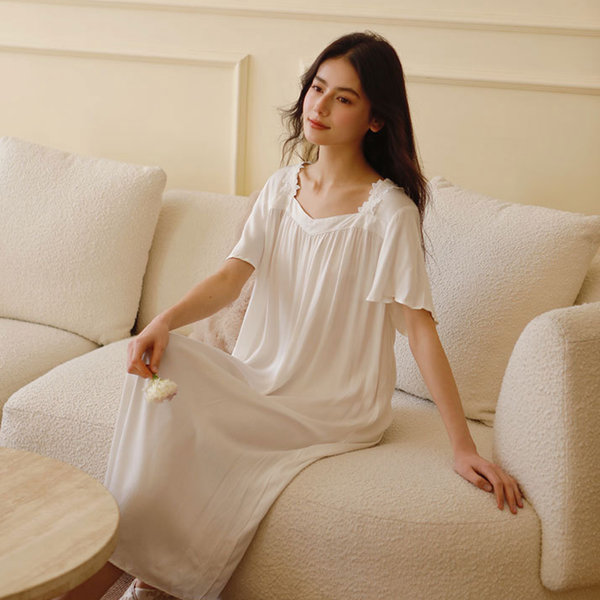 Lace framed viscose maxi nightgown full front view