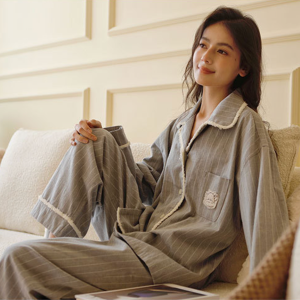 SoftCotton Relaxed Pajama Set – Brushed Striped Long Sleeve with Cow Embroidery