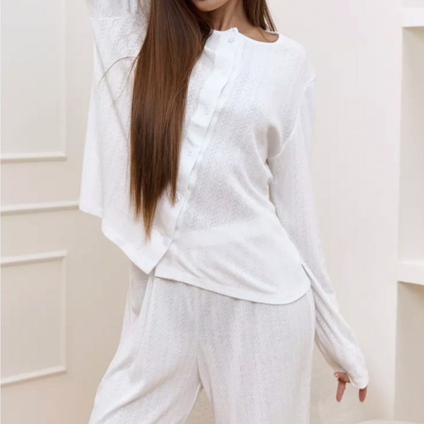 PureCotton Rib Lounge Set – Button Cardigan & Wide-Leg Pants