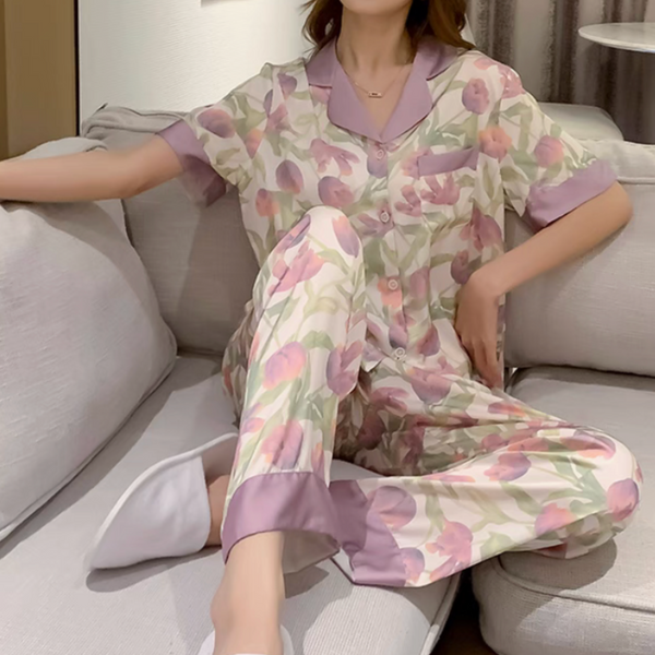 TulipSatin Classic Cut – 3-Piece Floral Pajama Set