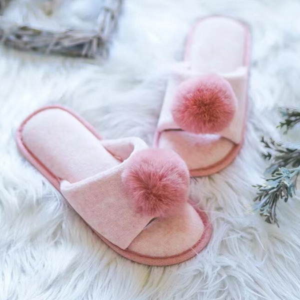 Plush Faux Fur Pom Pom Open-Toe Indoor Slippers with Lightweight EVA Sole for Women