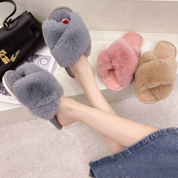 Plush Faux Fur Crisscross Open-Toe Indoor House Slippers with Non-Slip Sole for Women