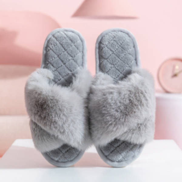 Plush Faux Fur Crossband Slippers – Soft Open-Toe House Comfort