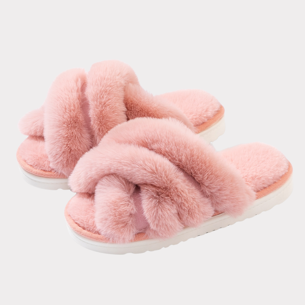 Plush Faux Fur Crisscross Open-Toe Indoor House Slippers with Cloud-Soft Comfort