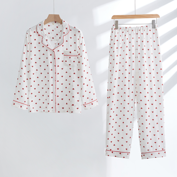 Cotton Heart Print Button-Front Pajama Set – Long Sleeve Shirt & Relaxed Pants