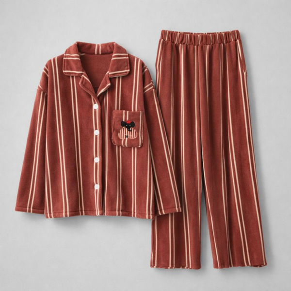 Rust red striped sherpa-lined plush pajama set with button-front top and full-length pants flat lay