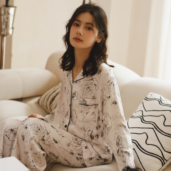Ink Floral Button-Front Pajama Set – Long Sleeve Top & Relaxed Lace-Trim Pants